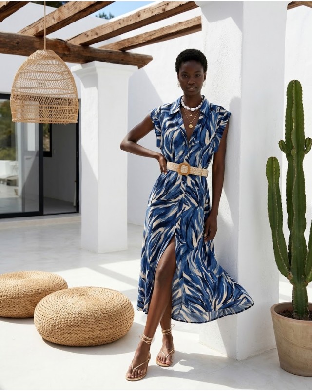 Tropical Print Belted Dress blue