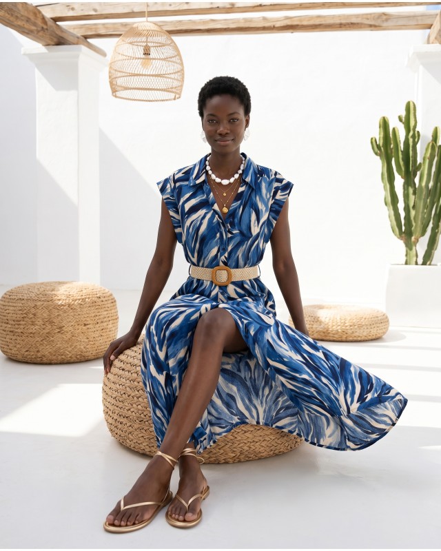 Tropical Print Belted Dress blue