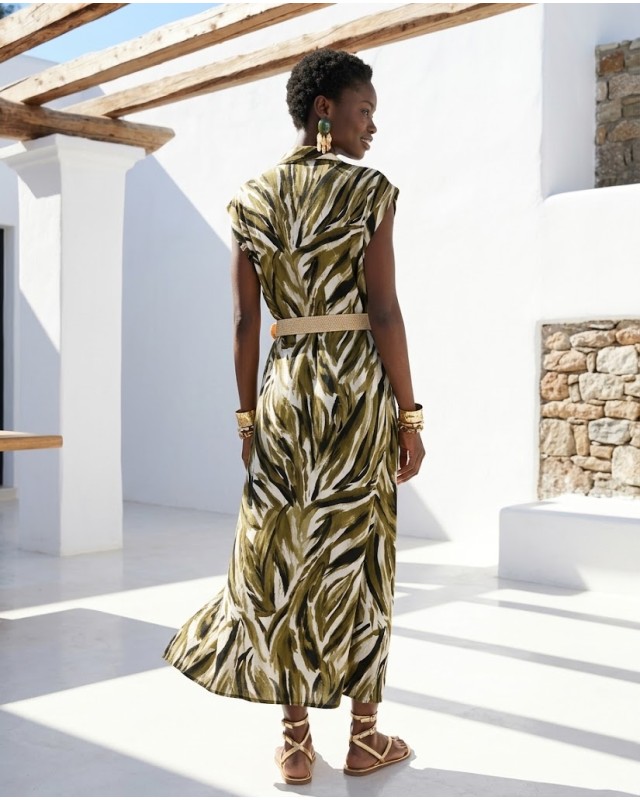 Tropical Print Belted Dress olive
