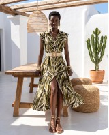 Tropical Print Belted Dress olive