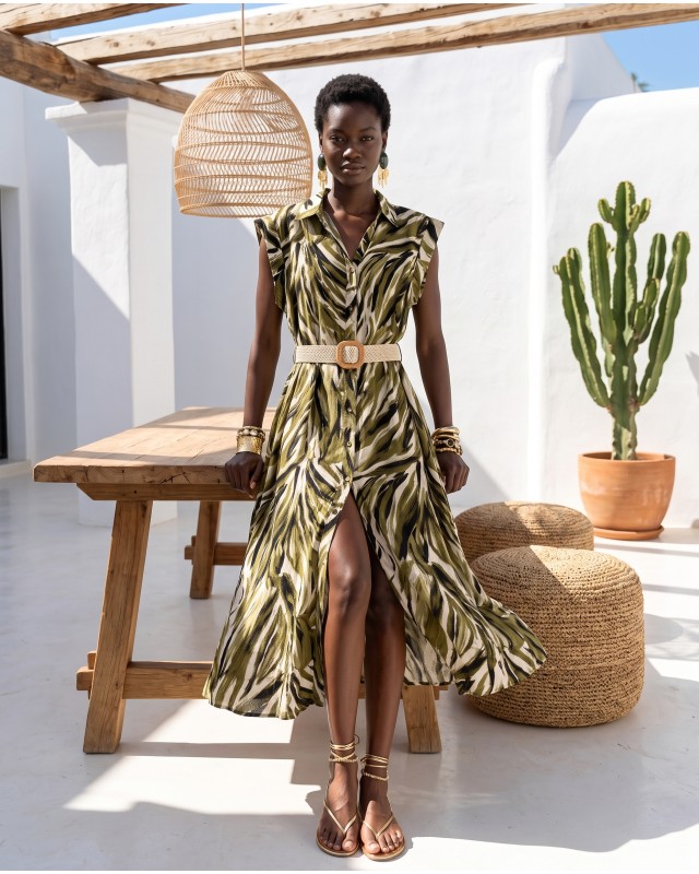 Tropical Print Belted Dress olive