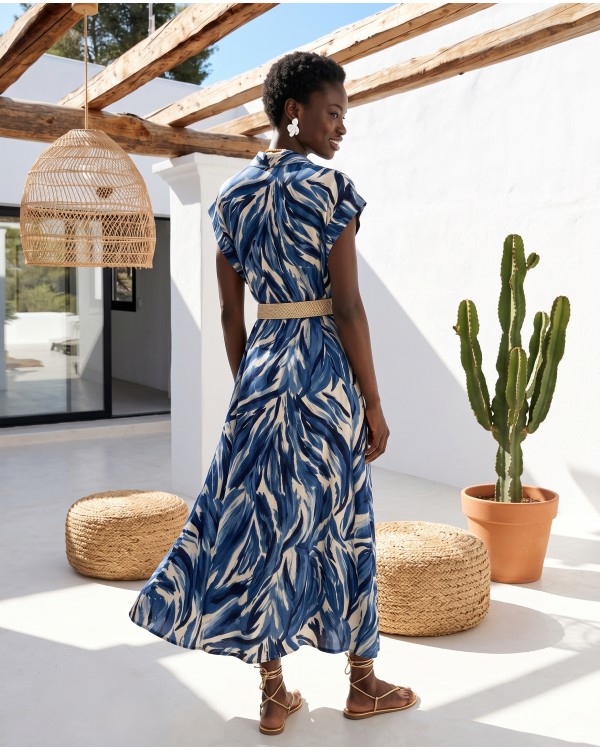 Tropical Print Belted Dress blue