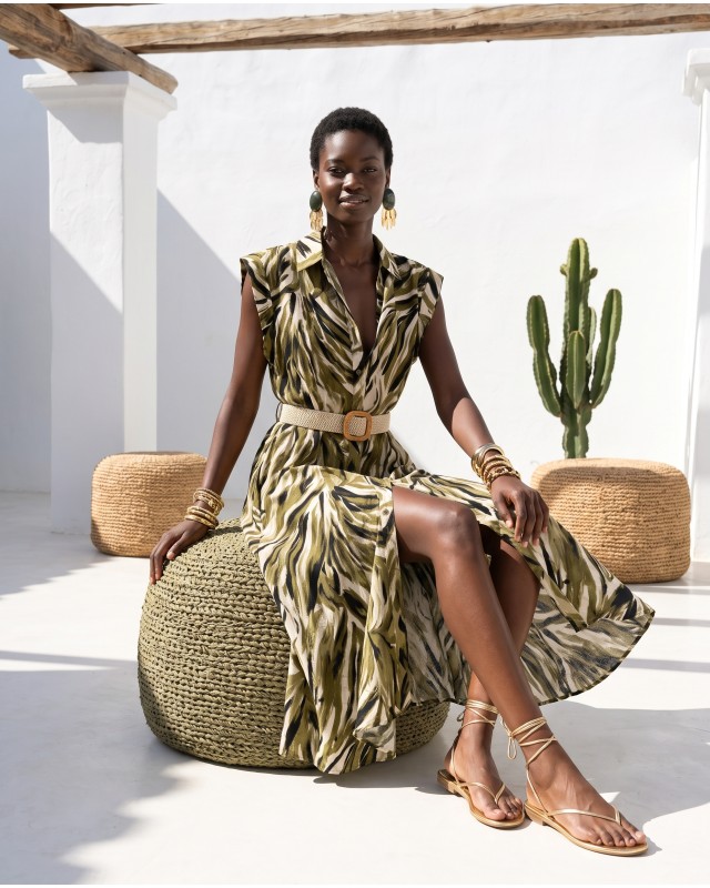 Tropical Print Belted Dress olive