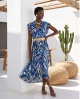 Tropical Print Belted Dress blue