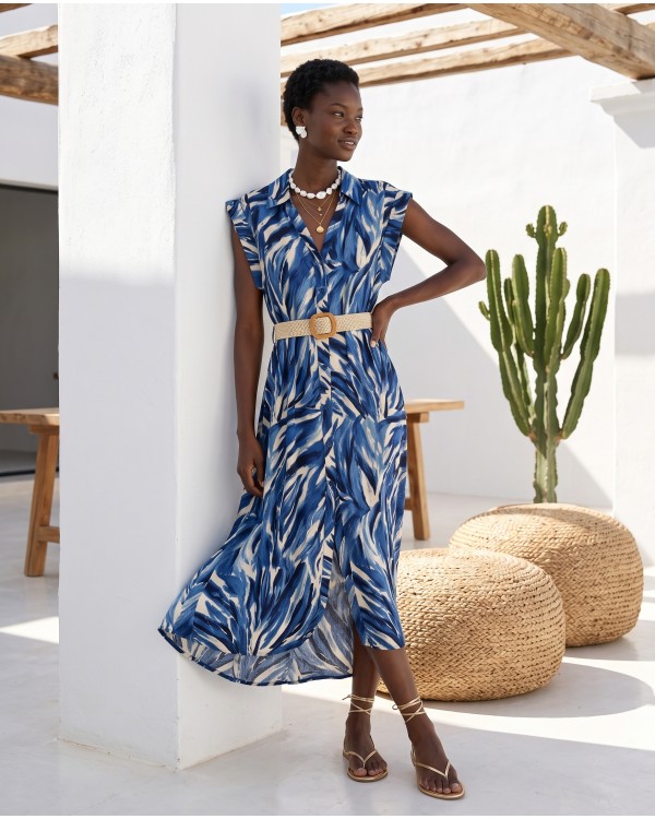 Tropical Print Belted Dress blue