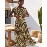 Tropical Print Belted Dress olive