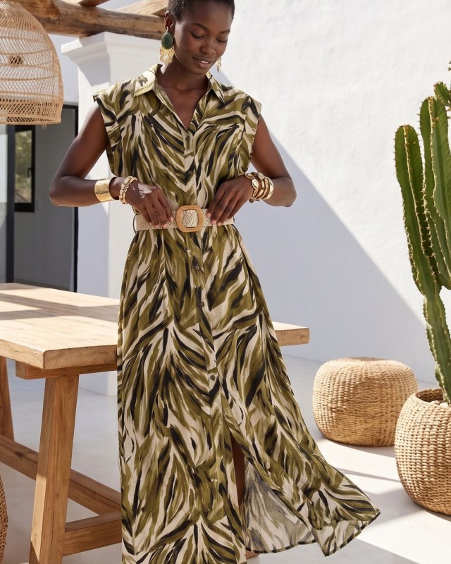 Tropical Print Belted Dress olive