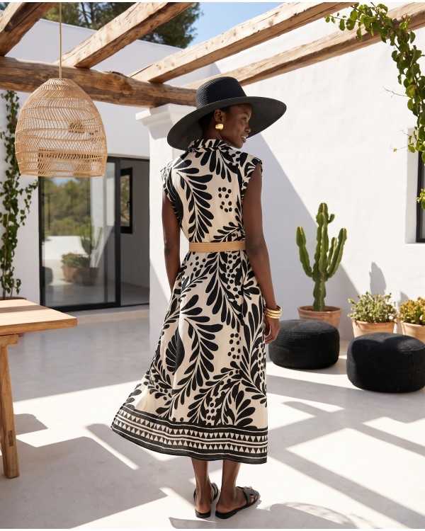 Leaf Print Belted Dress black