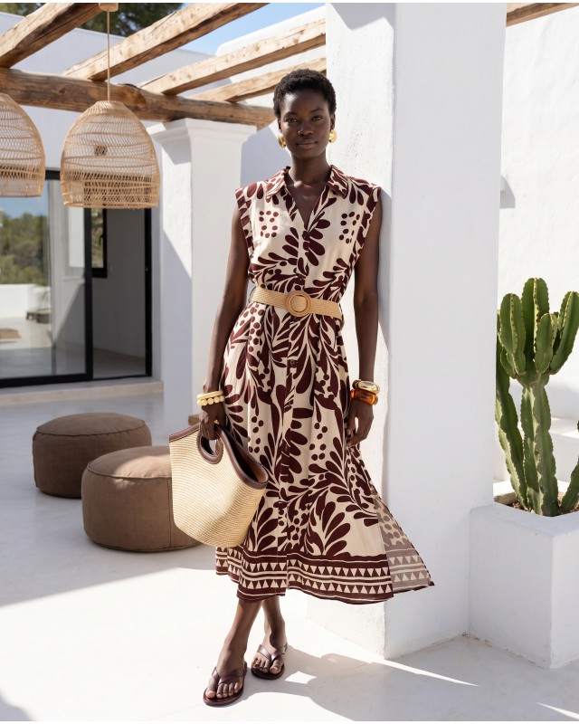 Leaf Print Belted Dress brown