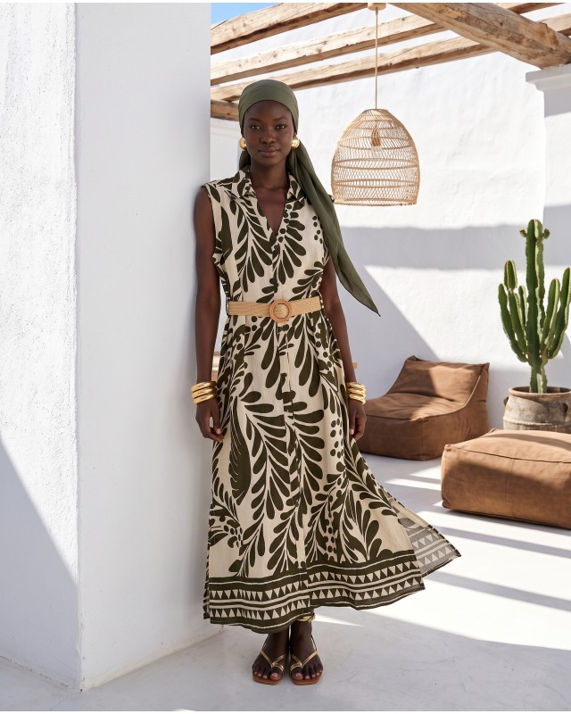 Leaf Print Belted Dress olive