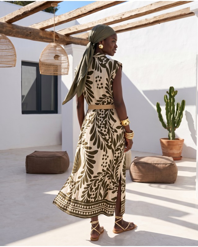 Leaf Print Belted Dress olive