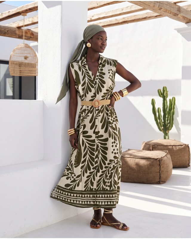 Leaf Print Belted Dress olive