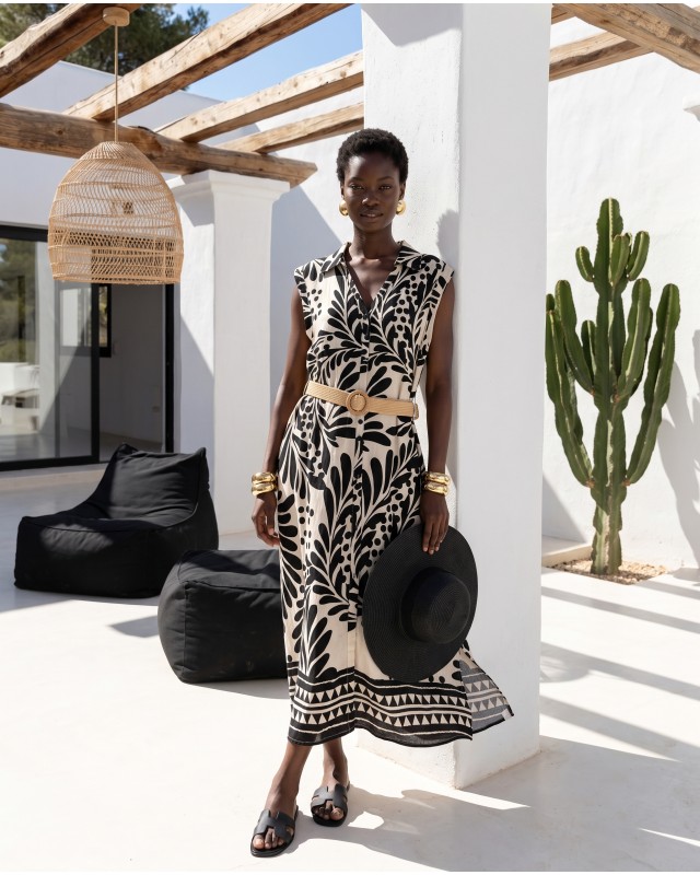 Leaf Print Belted Dress black