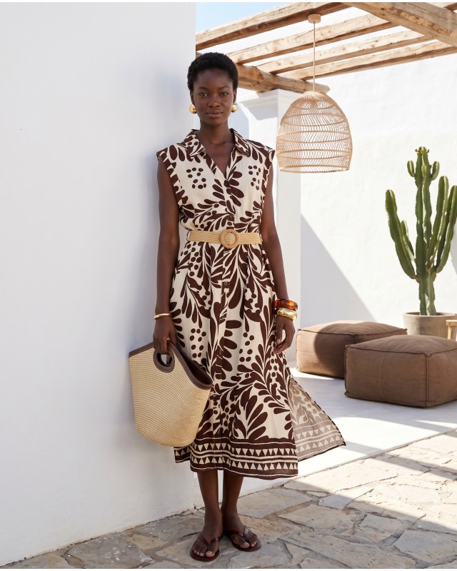 Leaf Print Belted Dress brown