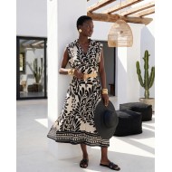 Leaf Print Belted Dress black