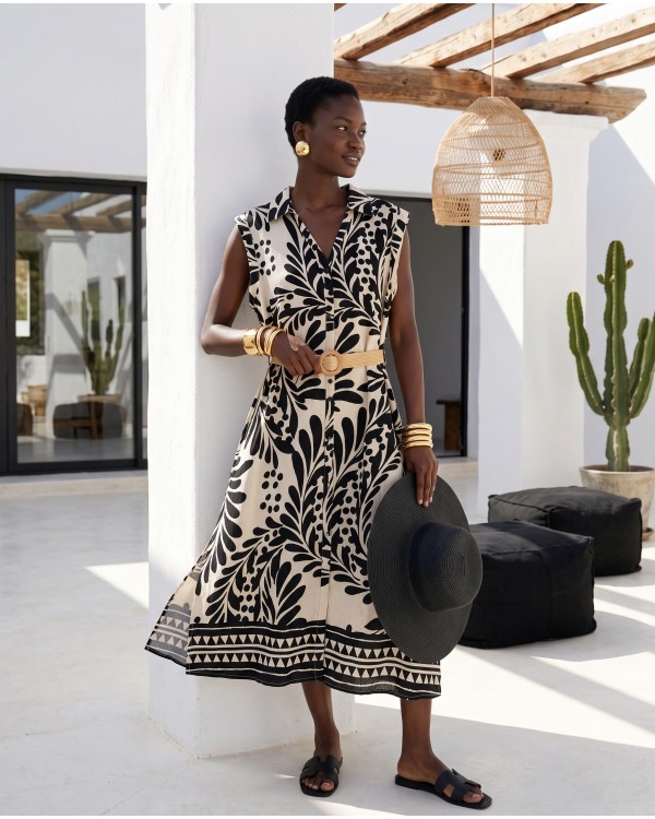 Leaf Print Belted Dress black