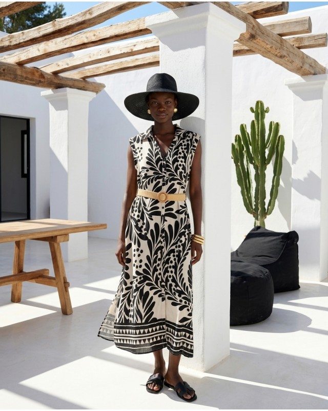 Leaf Print Belted Dress black