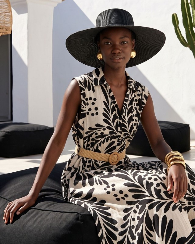 Leaf Print Belted Dress black