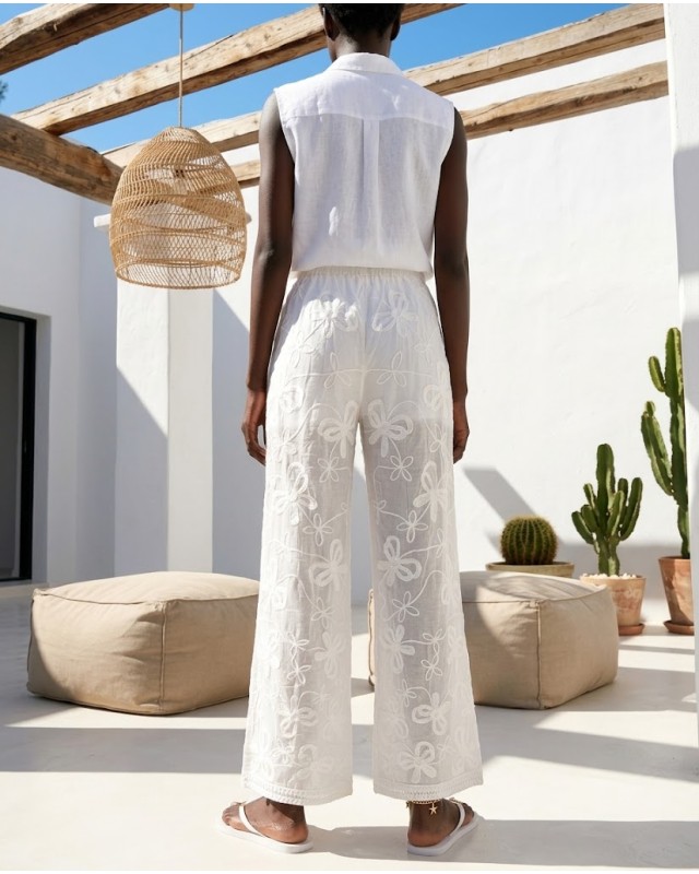 Resort Embroidered Sheer Pants - white