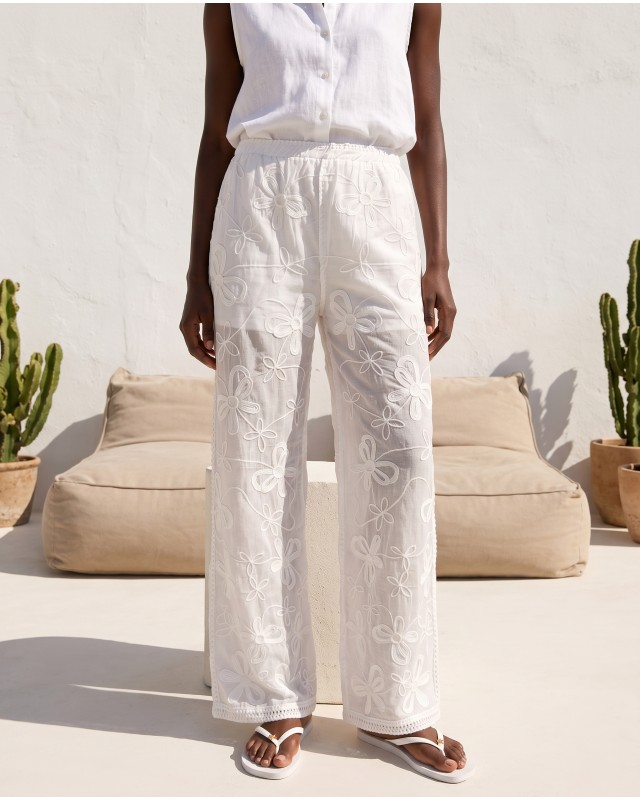 Resort Embroidered Sheer Pants - white