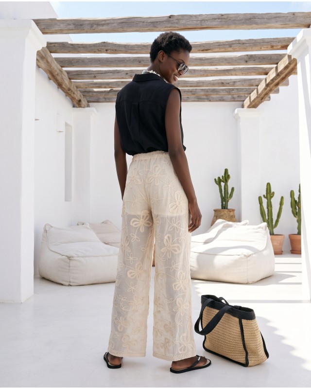 Resort Embroidered Sheer Pants - beige
