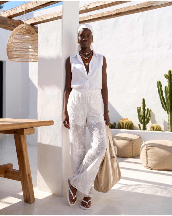 Resort Embroidered Sheer Pants - brown