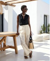 Resort Embroidered Sheer Pants - beige