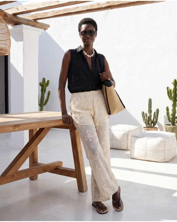 Resort Embroidered Sheer Pants - brown