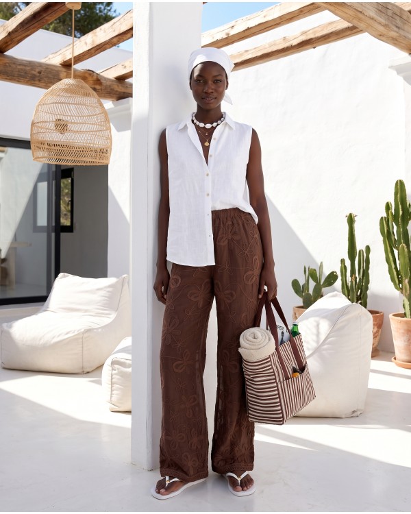 Resort Embroidered Sheer Pants - brown