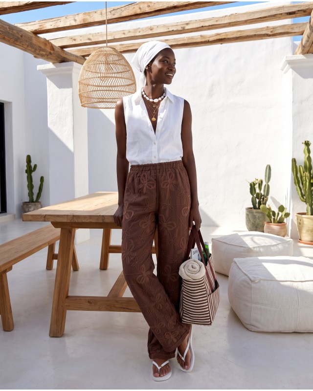 Resort Embroidered Sheer Pants - brown