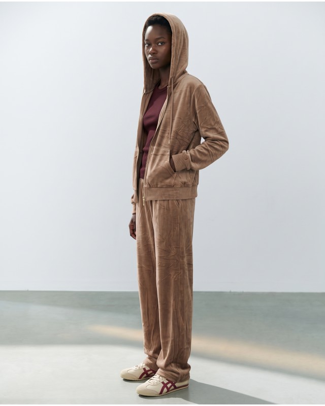 Σετ Βελουτέ «Velvet Mirage» με Zip Hoodie & φόρμα beige