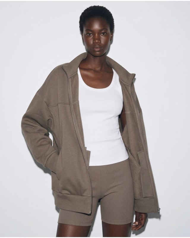 Ζακέτα φούτερ χνούδι oversized με ριπ τελείωμα olive brown