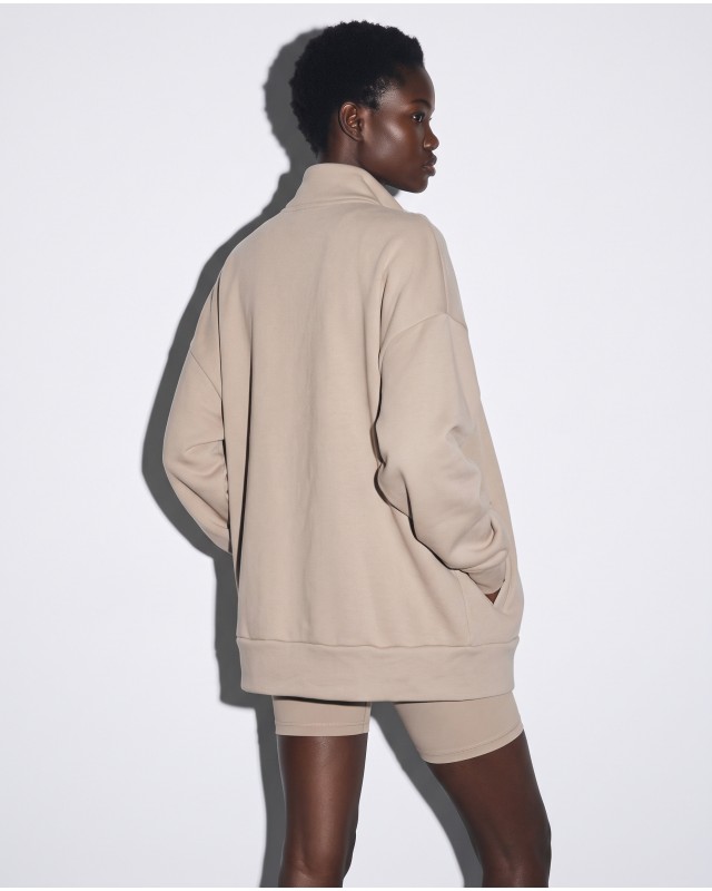 Ζακέτα φούτερ χνούδι oversized με ριπ τελείωμα sand beige