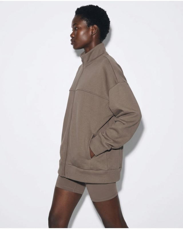 Ζακέτα φούτερ χνούδι oversized με ριπ τελείωμα olive brown