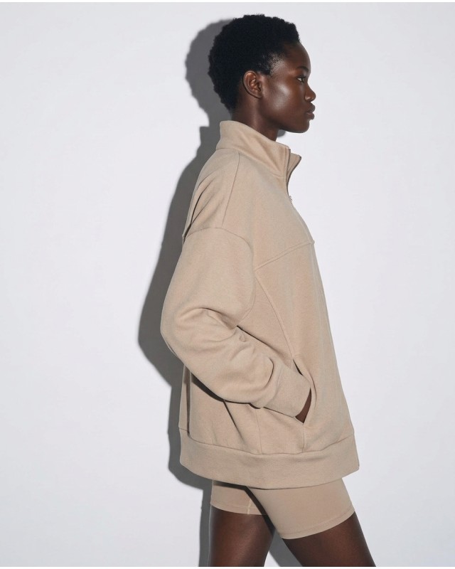 Ζακέτα φούτερ χνούδι oversized με ριπ τελείωμα sand beige
