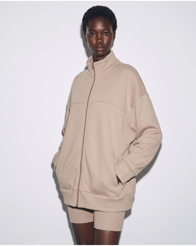 Ζακέτα φούτερ χνούδι oversized με ριπ τελείωμα sand beige