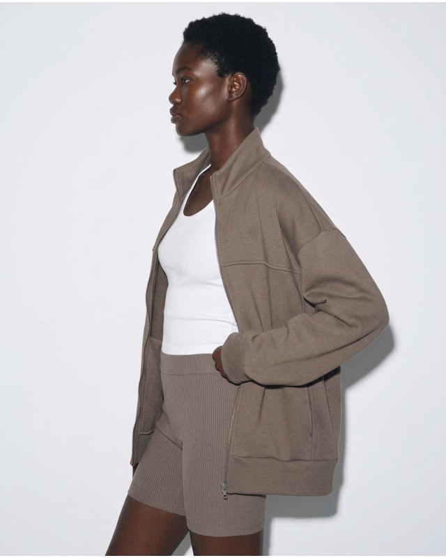 Ζακέτα φούτερ χνούδι oversized με ριπ τελείωμα olive brown