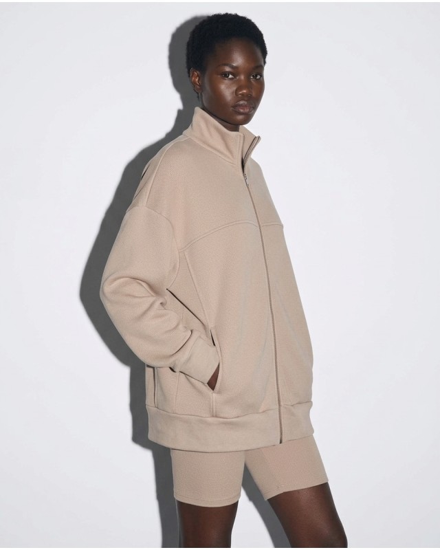 Ζακέτα φούτερ χνούδι oversized με ριπ τελείωμα sand beige