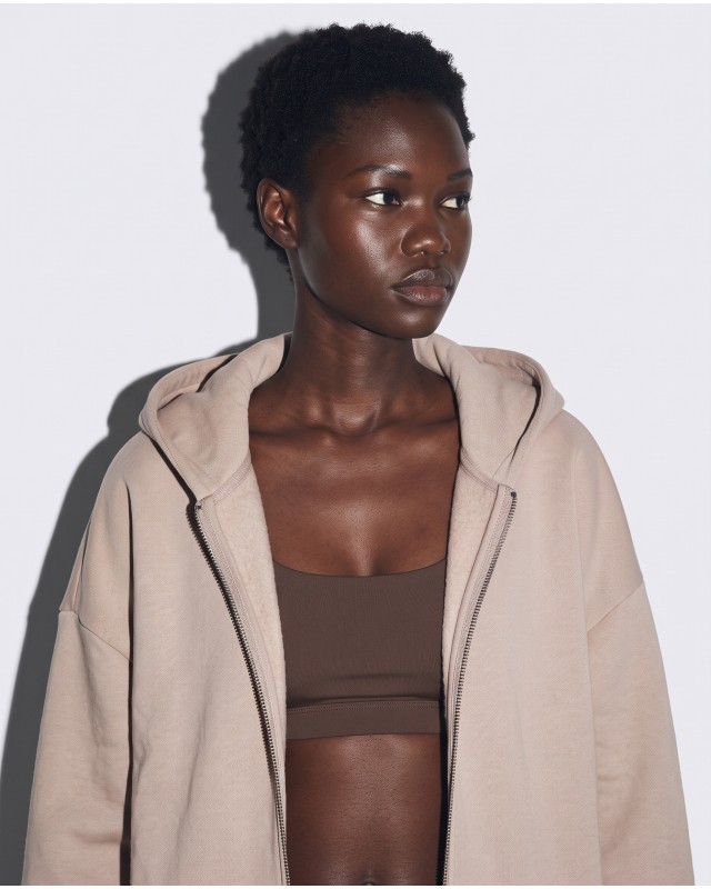 Ζακέτα φούτερ χνούδι oversized με κουκούλα sand beige