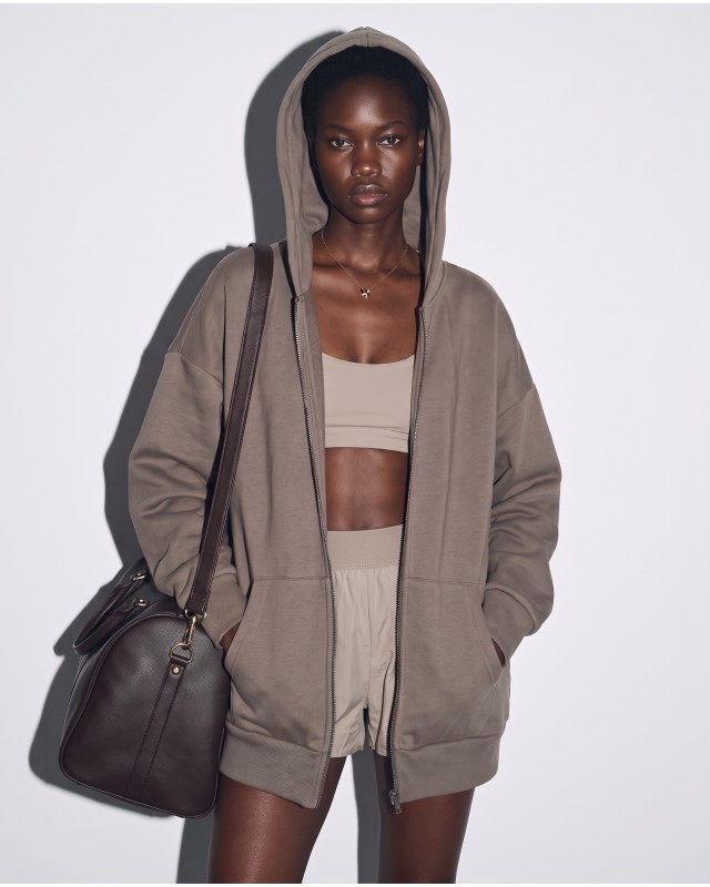 Ζακέτα φούτερ χνούδι oversized με κουκούλα olive brown