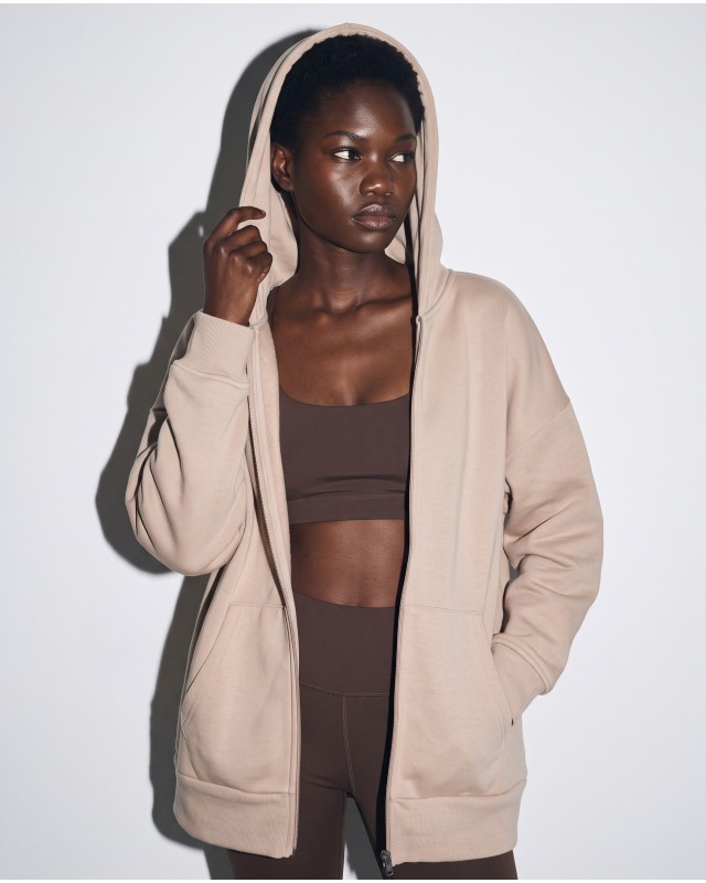 Ζακέτα φούτερ χνούδι oversized με κουκούλα sand beige
