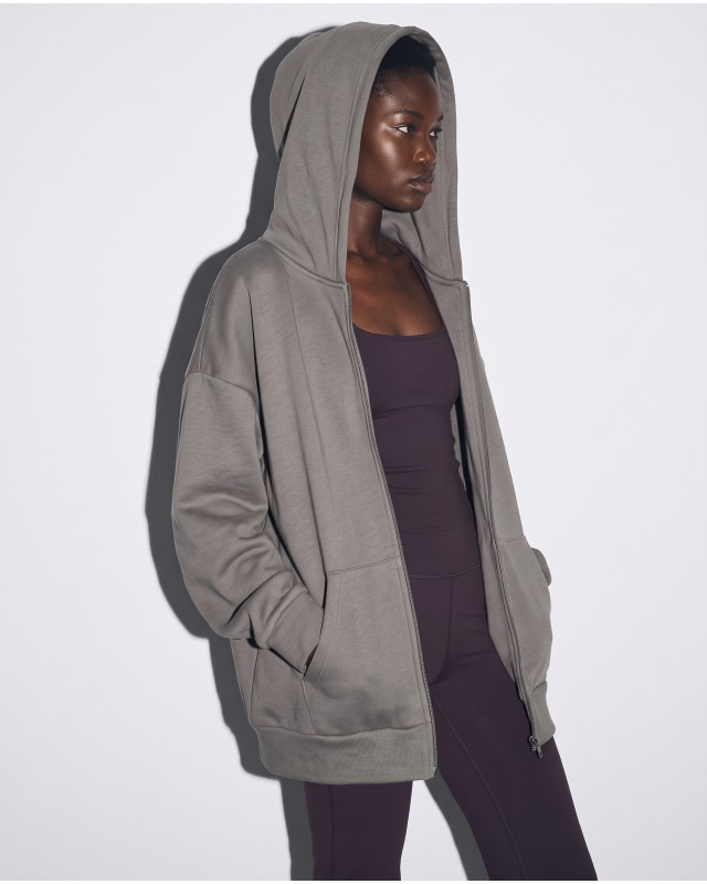 Ζακέτα φούτερ χνούδι oversized με κουκούλα dark grey