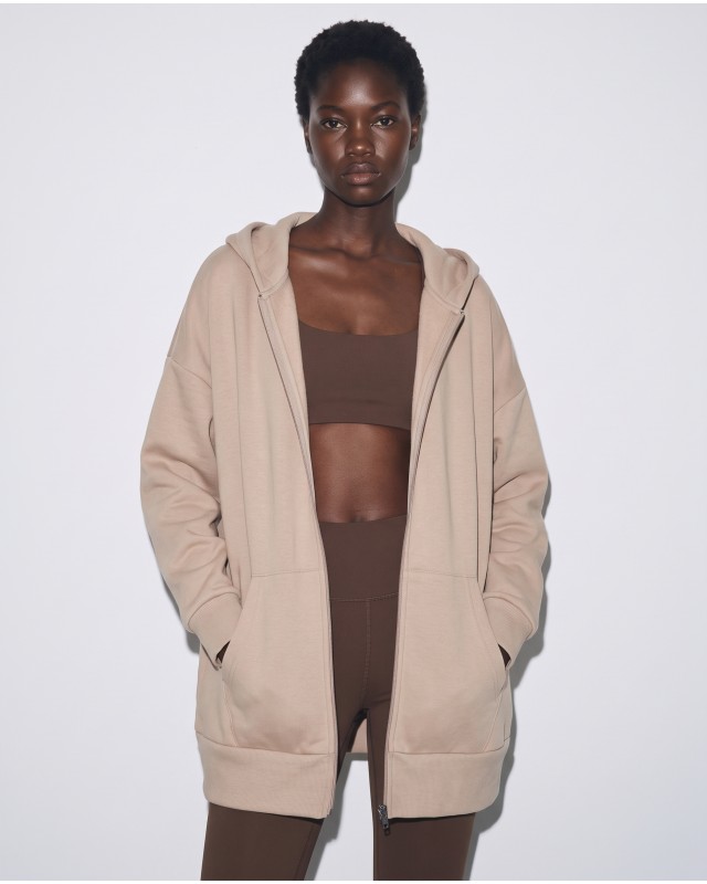 Ζακέτα φούτερ χνούδι oversized με κουκούλα sand beige
