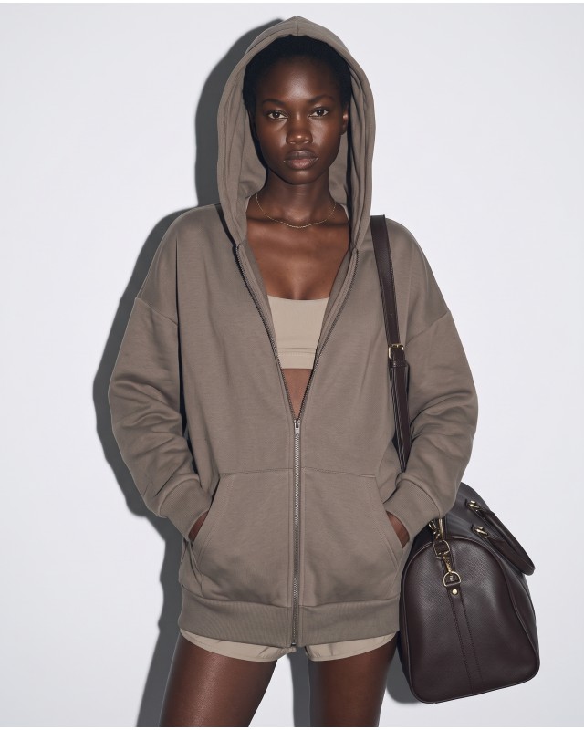 Ζακέτα φούτερ χνούδι oversized με κουκούλα olive brown