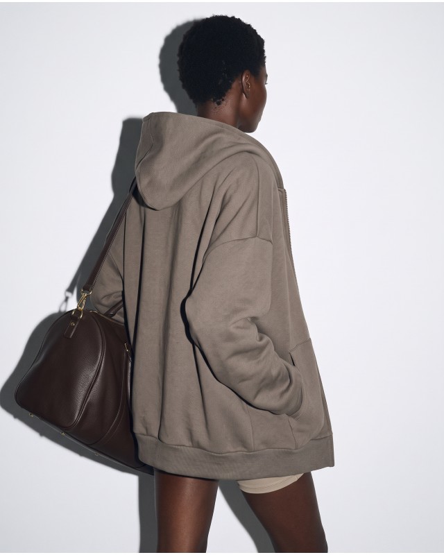Ζακέτα φούτερ χνούδι oversized με κουκούλα olive brown