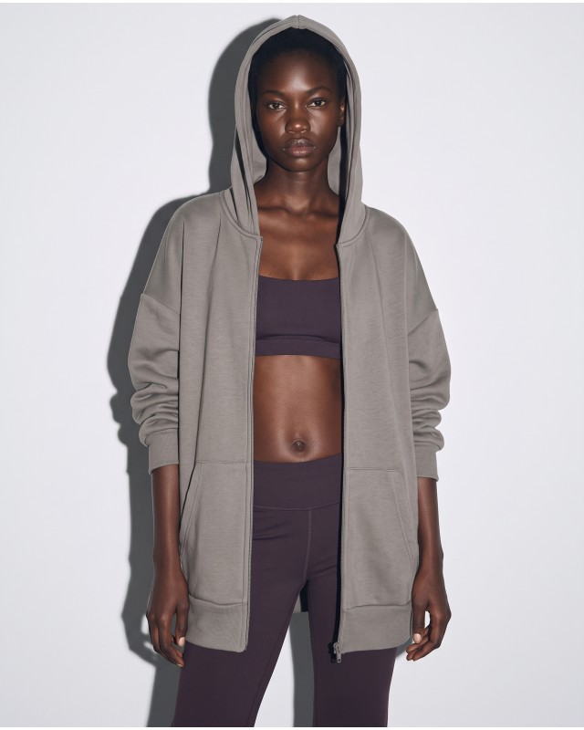 Ζακέτα φούτερ χνούδι oversized με κουκούλα dark grey