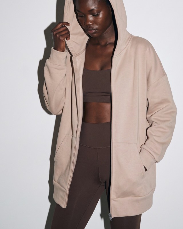 Ζακέτα φούτερ χνούδι oversized με κουκούλα sand beige