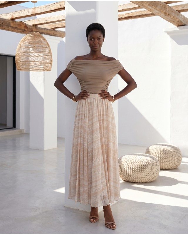 Printed Chiffon Maxi Skirt – Beige Lace