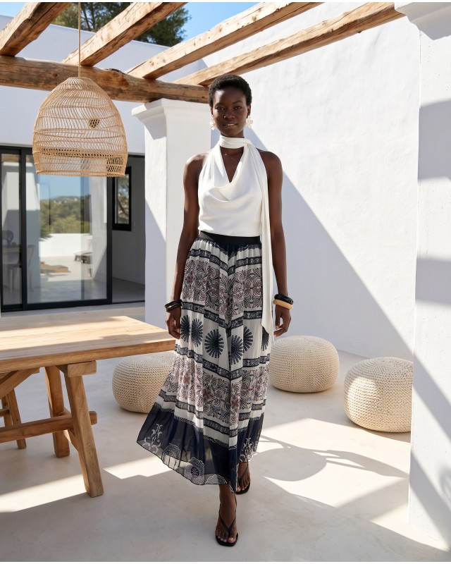 Printed Chiffon Maxi Skirt – Black Tile Pattern