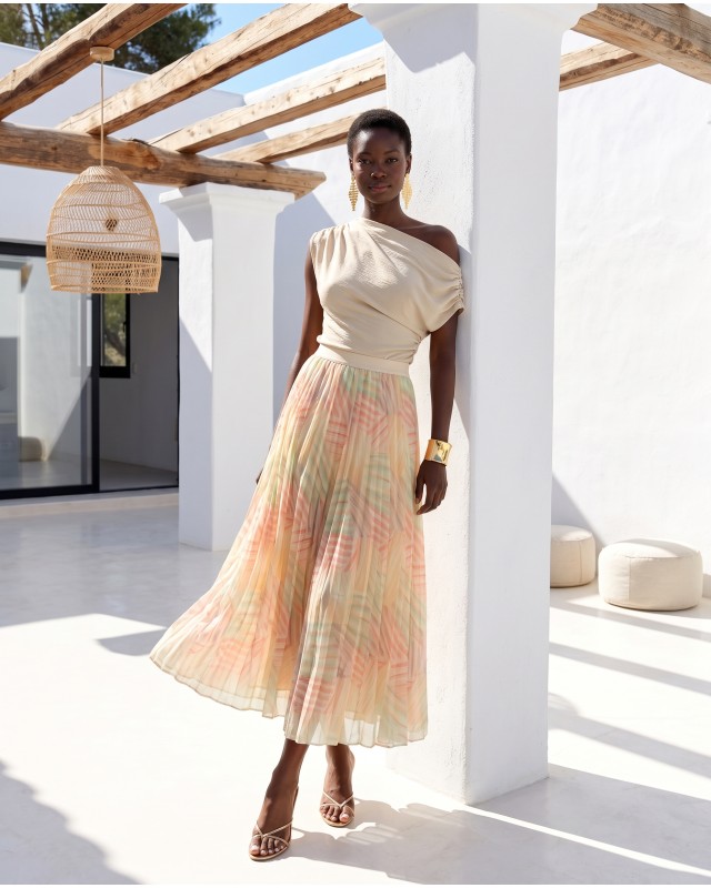 Printed Chiffon Maxi Skirt – Pastel Rainbow